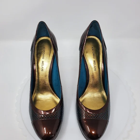 Antonio Melani Leather Heels Metallic Brown w/ Teal Polka Dots Sz 8.5 EUC - Picture 3 of 9